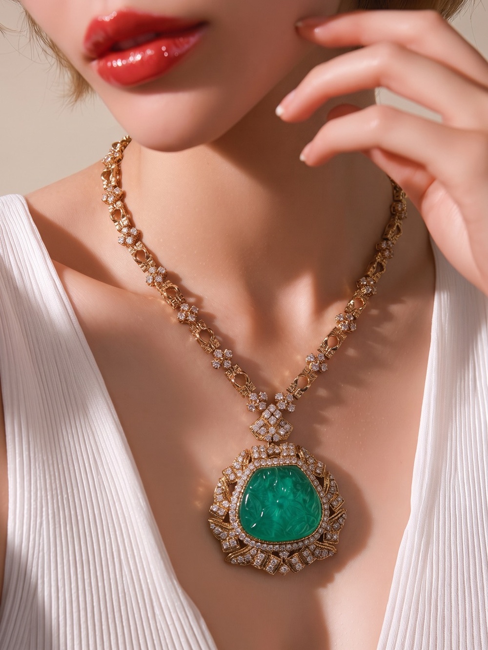 Gold Plated Necklace with Green quartz Pendant set- Luxury Statement Jewelry